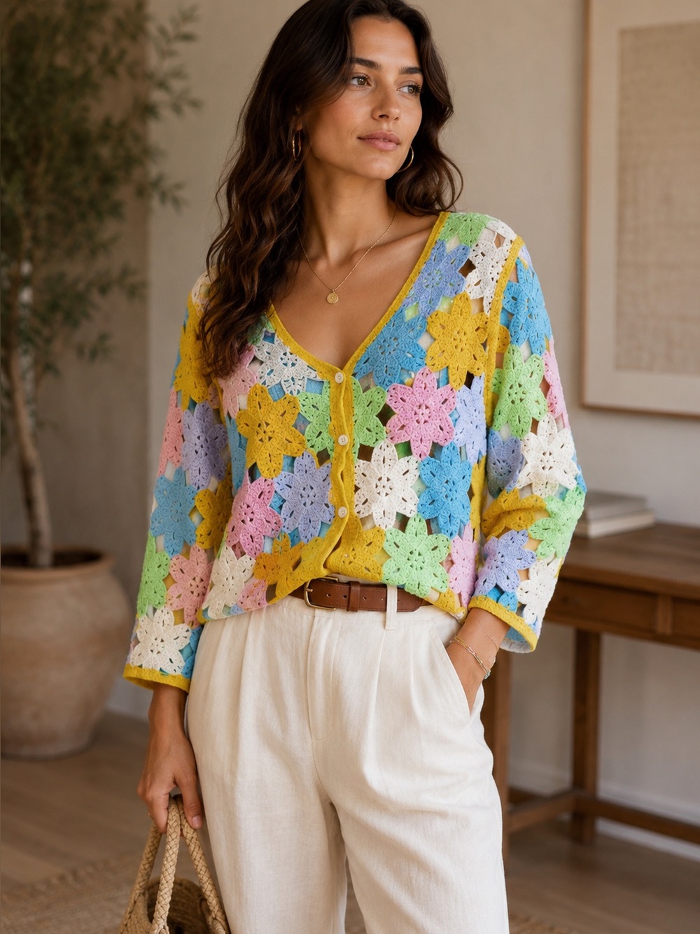 Crochet Floral Button-Front Sweater Cardigan - Multicolor